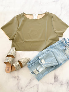The Vegan Leather Cropped Tee in Sage